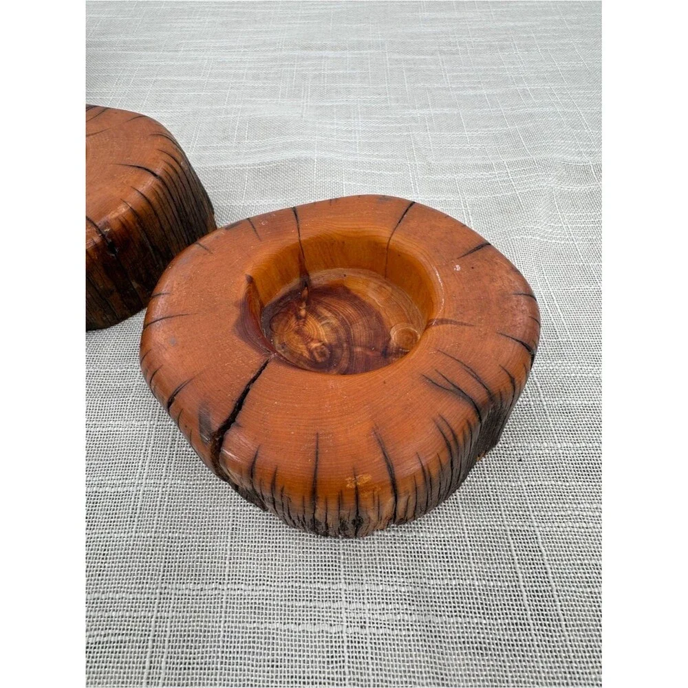 Vintage Hand Turned Natural Wood Log Votive Candle Holders Rustic Cabin Decor